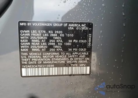 2025 Volkswagen Atlas Cross Sport Sel R-Line z USA, uszkodzony, nr VIN 1V2AE2CA7SC213596